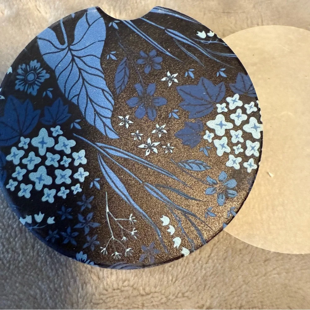 Blue & Black‎ Floral Car Coasters, Cork & Ceramic Set Of 2 New NIB